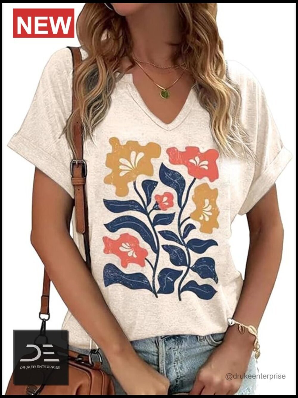 Vintage Floral V Neck Cap Sleeve T-Shirt Boho Wildflowers Cotton Blend